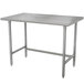 An Advance Tabco stainless steel work table with rectangular top and metal legs.