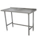 A stainless steel Advance Tabco work table with a backsplash and legs.