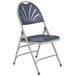 A National Public Seating gray metal folding chair with dark blue plastic seat and back.