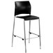 A National Public Seating black stackable bar stool with padded seat and back and chrome legs.
