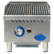 A Globe stainless steel gas lava rock charbroiler with blue controls and a knob.