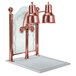 A Hanson Heat Lamps Bright Copper Carving Station with white base and etched sneeze guard.