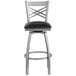 A Lancaster Table & Seating black and silver swivel bar stool with a black cushion.