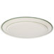 An ivory oval china platter with green stripes on the edge.