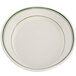 A white oval china platter with a green striped band.