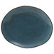 A blue Tuxton china platter with brown specks.