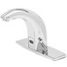 A silver T&S ChekPoint deck mounted hands-free sensor faucet with a water spout.