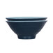 A white melamine bowl with a blue rim.