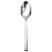 A silver Oneida Libra table spoon with an egg shaped bowl and white background.