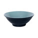 A white melamine bowl with a blue rim and black base.
