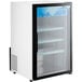 An Avantco white countertop display refrigerator with a glass door.
