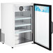 A white Avantco countertop display refrigerator with a glass door open.