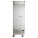 A stainless steel Beverage-Air reach-in refrigerator on wheels.