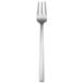 A silver fork with a black handle on a white background.