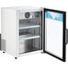 A white Avantco countertop display refrigerator with the door open.