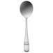 A Oneida stainless steel round bowl soup spoon with a white handle.