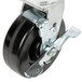 A black swivel plate caster with a metal wheel and a black handle.