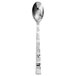 A silver Oneida stainless steel spoon with a curved handle.