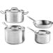 The Vigor SS1 Series stainless steel cookware set with sauce pans, lids, and a frying pan.