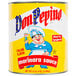 A yellow Don Pepino #10 can of marinara sauce with a cartoon character on it.