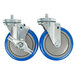 A pair of casters with blue wheels.