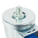 A close up of an Advance Tabco enclosed base table swivel stem caster with a metal screw and a blue nut.
