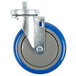 An Advance Tabco enclosed base table swivel caster with a metal wheel and blue and grey rubber.