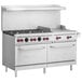 A Vulcan stainless steel commercial gas range with a griddle and two ovens.