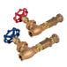 A T&S Brass wall mounted mixing valve assembly with red and blue handles on brass pipes.