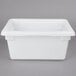 A white Rubbermaid polyethylene food storage container with a lid.