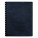 A navy Fellowes executive binding system cover on a blue notebook with a spiral binding.