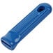A blue silicone handle sleeve with a hole for a pan handle.