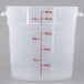 A Cambro translucent plastic food storage container with red measurements.
