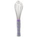 A Vollrath stainless steel piano whisk with a purple nylon handle.