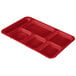 A red Cambro co-polymer compartment tray with six compartments.