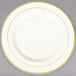 A Fineline Silver Splendor bone / ivory plastic plate with gold bands on the rim.