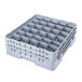 A soft gray plastic Cambro glass rack with many compartments.