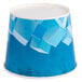 A white paper ice bucket with a blue and white band.