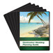 A Fellowes black and white presentation cover on a book with a beach and palm trees.