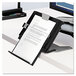 A black Fellowes plastic document holder on a desk with a piece of paper in it.