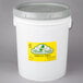 A white bucket with a yellow label and a lid.