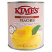 A can of Kime's yellow cling peach halves with a label.