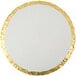A white round cake drum with gold foil on the edges.