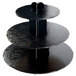 A black three tiered Enjay cupcake stand on a black surface.
