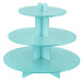A three tiered blue Enjay cupcake stand on a white table.