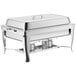 A silver rectangular Choice chafing dish with a stainless steel lid on a table.