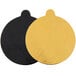 Two black and gold round Enjay dessert boards with a black and gold rim.