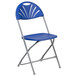 A Flash Furniture blue plastic folding chair with a silver metal frame.