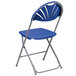 A Flash Furniture blue plastic folding chair with a fan back.