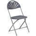 A gray Flash Furniture folding chair with a fan shaped back.